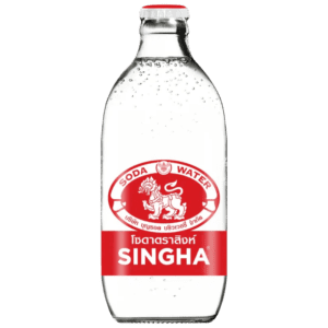 Singha soda water bottle with red label