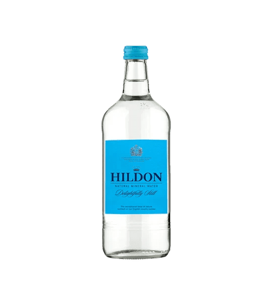 Hildon mineral water bottle on black background