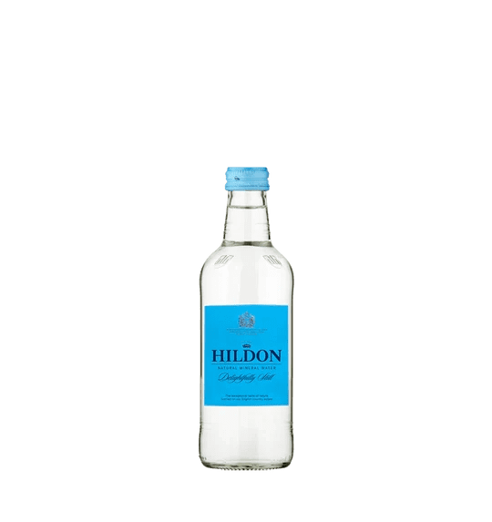 Clear glass bottle with blue label