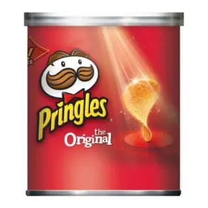 A can of Pringles Original potato crisps with a chip in mid-air.