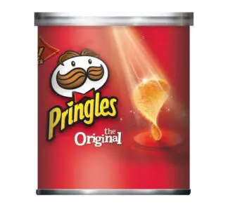 A can of Pringles Original potato crisps with a chip in mid-air.
