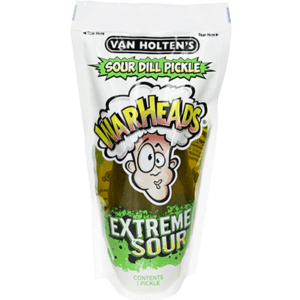 A pouch of Warheads Extreme Sour Sour Dill Pickle candy.