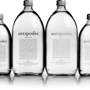 Four glass bottles of Antipodes water