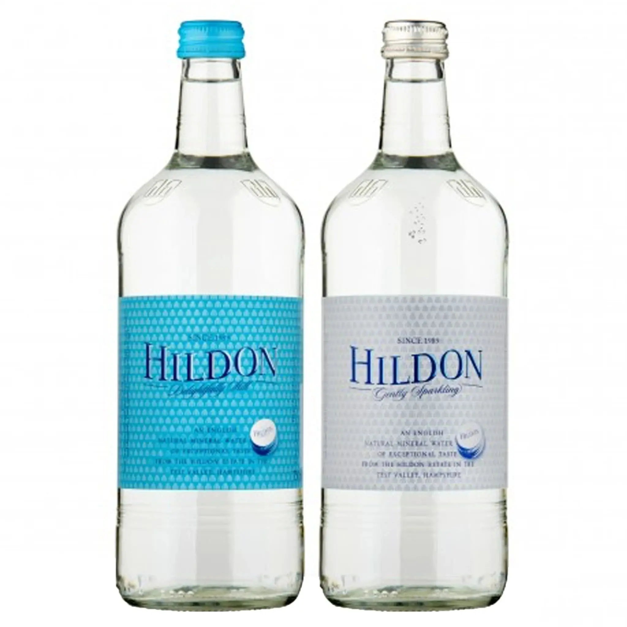 Hildon mineral water with blue labels