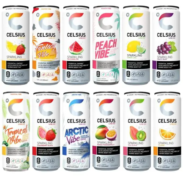 Celsius drinks arranged in colorful row