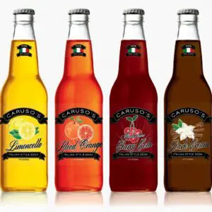 Assorted flavors of Caruso's soda bottles