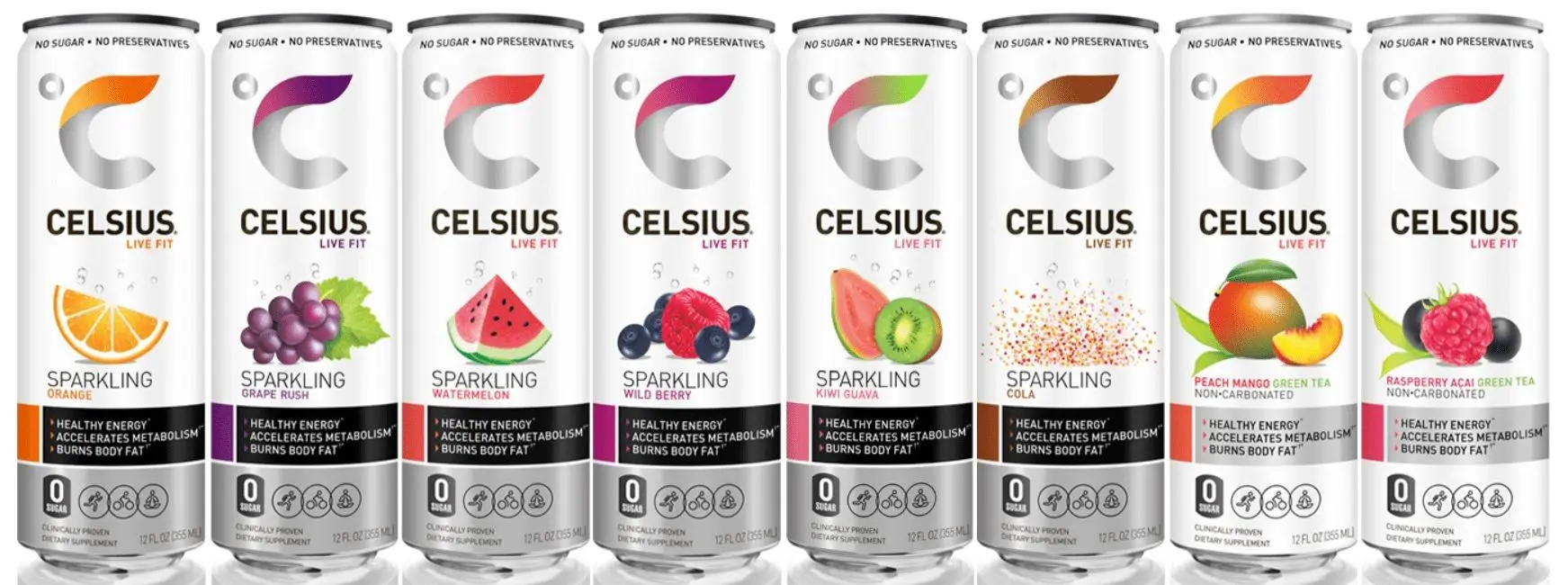 Celsius energy drink cans in various flavors