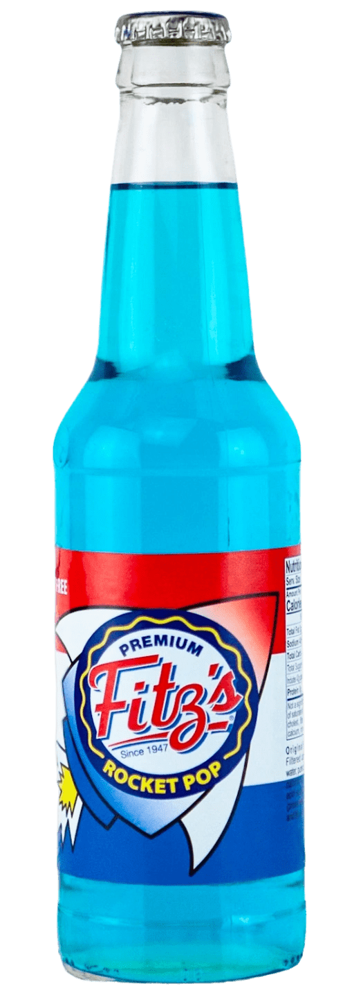 Bright blue beverage in glass bottle