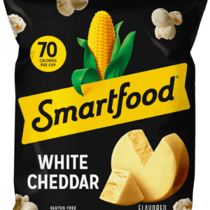 Smartfood White Cheddar popcorn bag with corn illustration and 70 calories per serving.