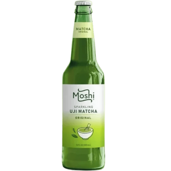 Green matcha drink bottle on black background.