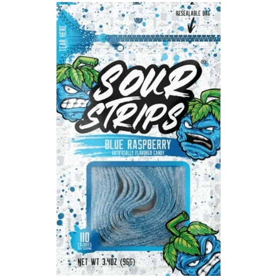 Sour Strips blue raspberry candy package