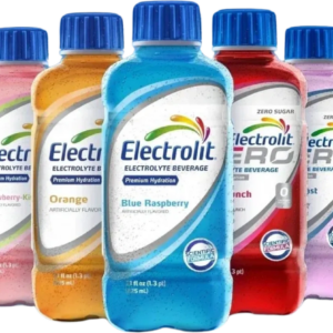 Colorful electrolyte beverage bottles