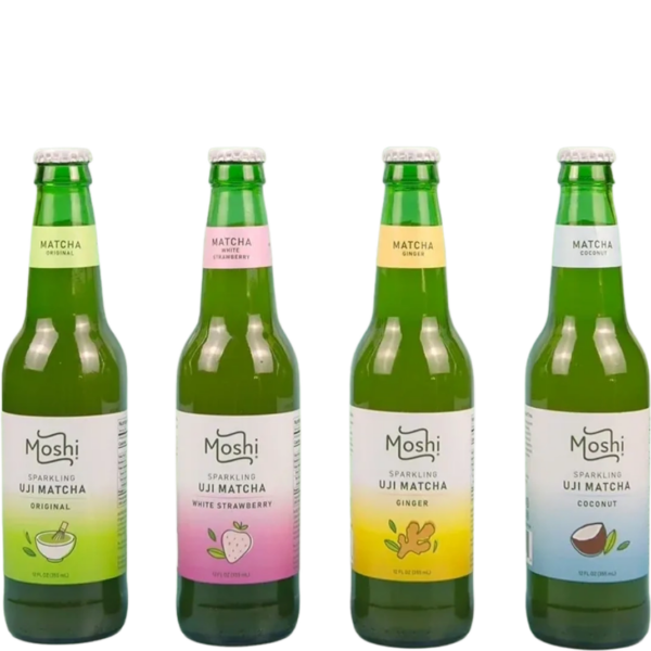 Four bottles of Moshi sparkling matcha drinks