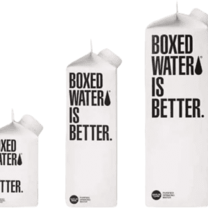 Boxed water cartons in different sizes.