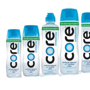 Core Hydration bottles with blue caps