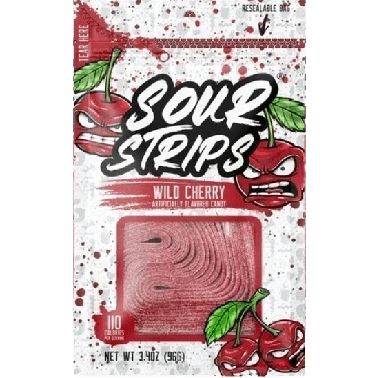 Sour Strips candy with cherry graphics