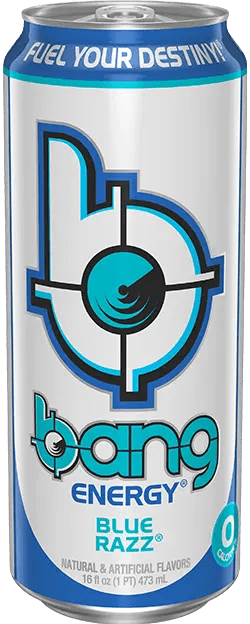 Energy drink can, blue and white design