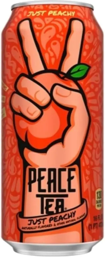 Peach-colored can with hand making peace sign