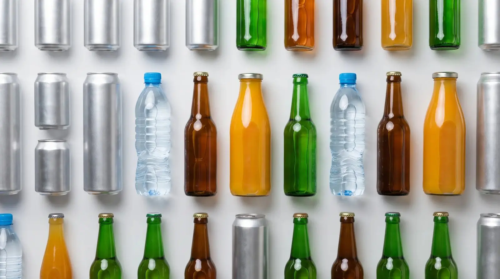 Assorted sealed beverage containers in aluminum, plastic, and glass laid out in rows