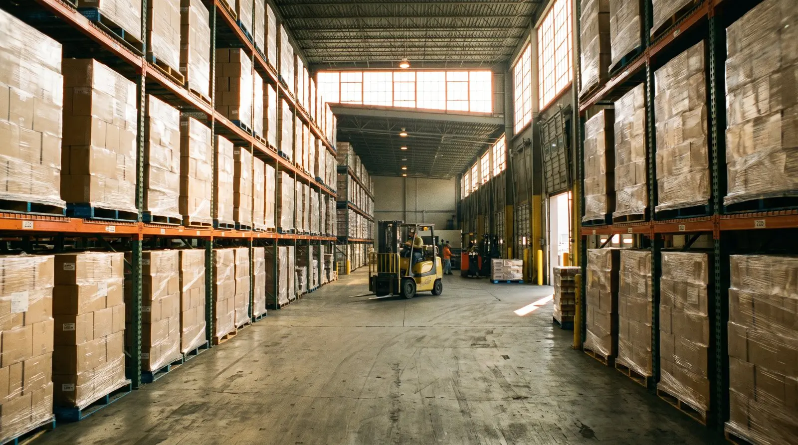 Beverage distribution warehouse with pallets of wholesale drink cases ready for delivery