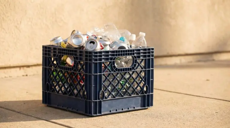 Crate of empty CRV beverage cans and plastic bottles ready for redemption in California sunlight