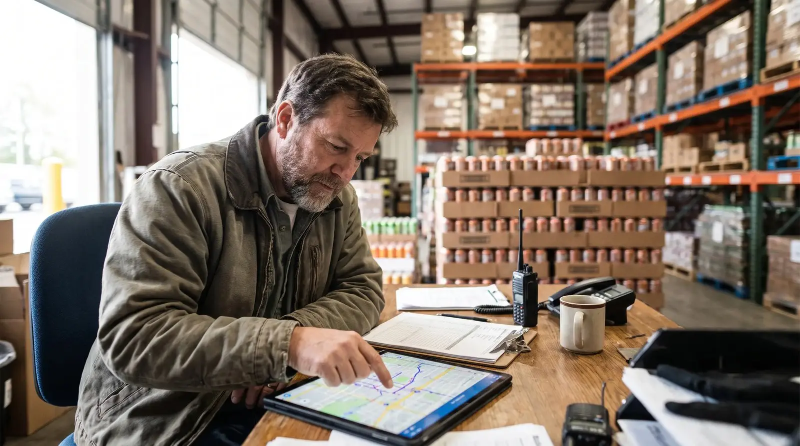 Warehouse dispatcher planning wholesale beverage delivery routes across Los Angeles on a tablet