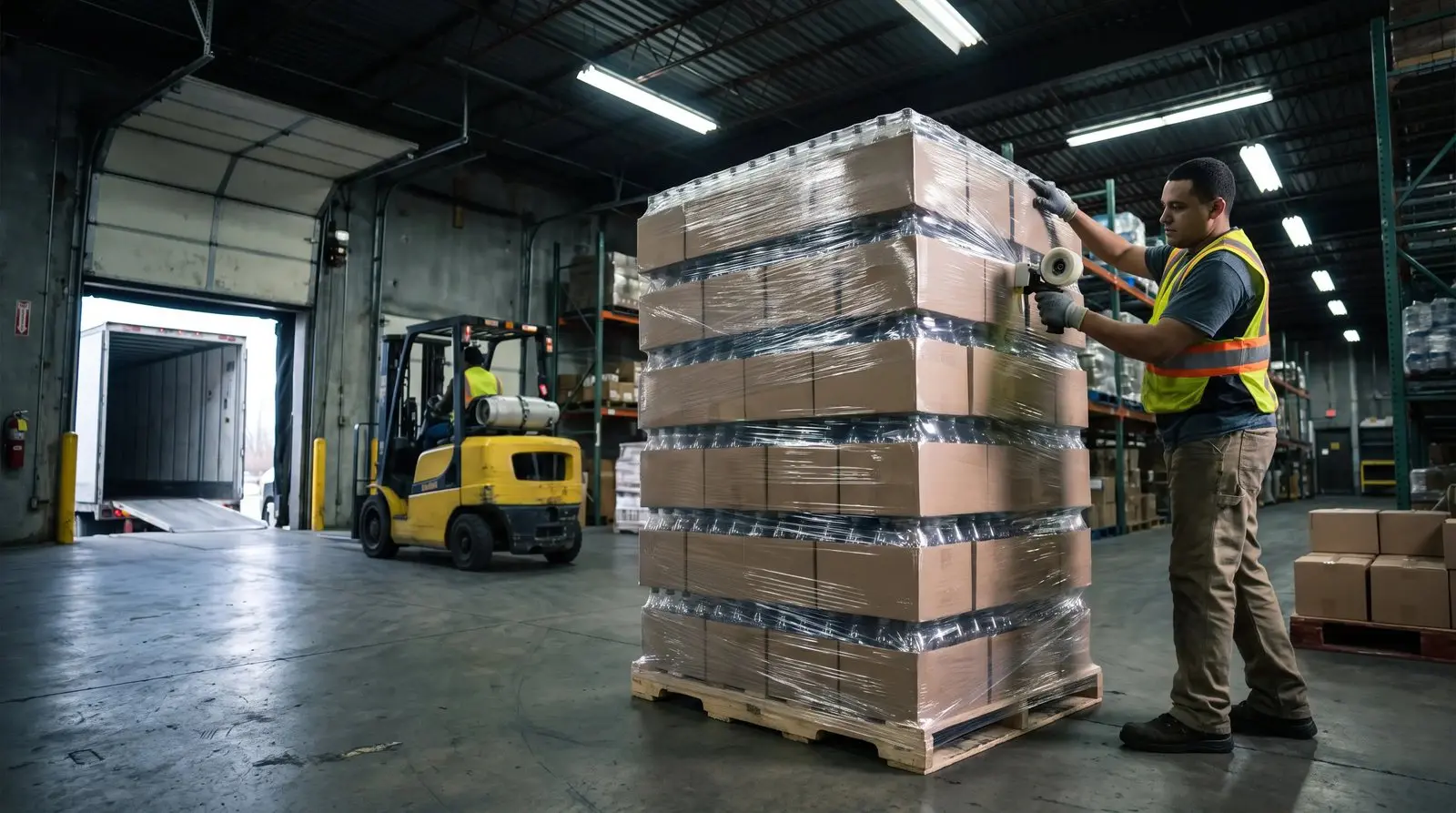 Warehouse worker shrink wrapping a pallet of wholesale beverage cases for LTL freight shipping