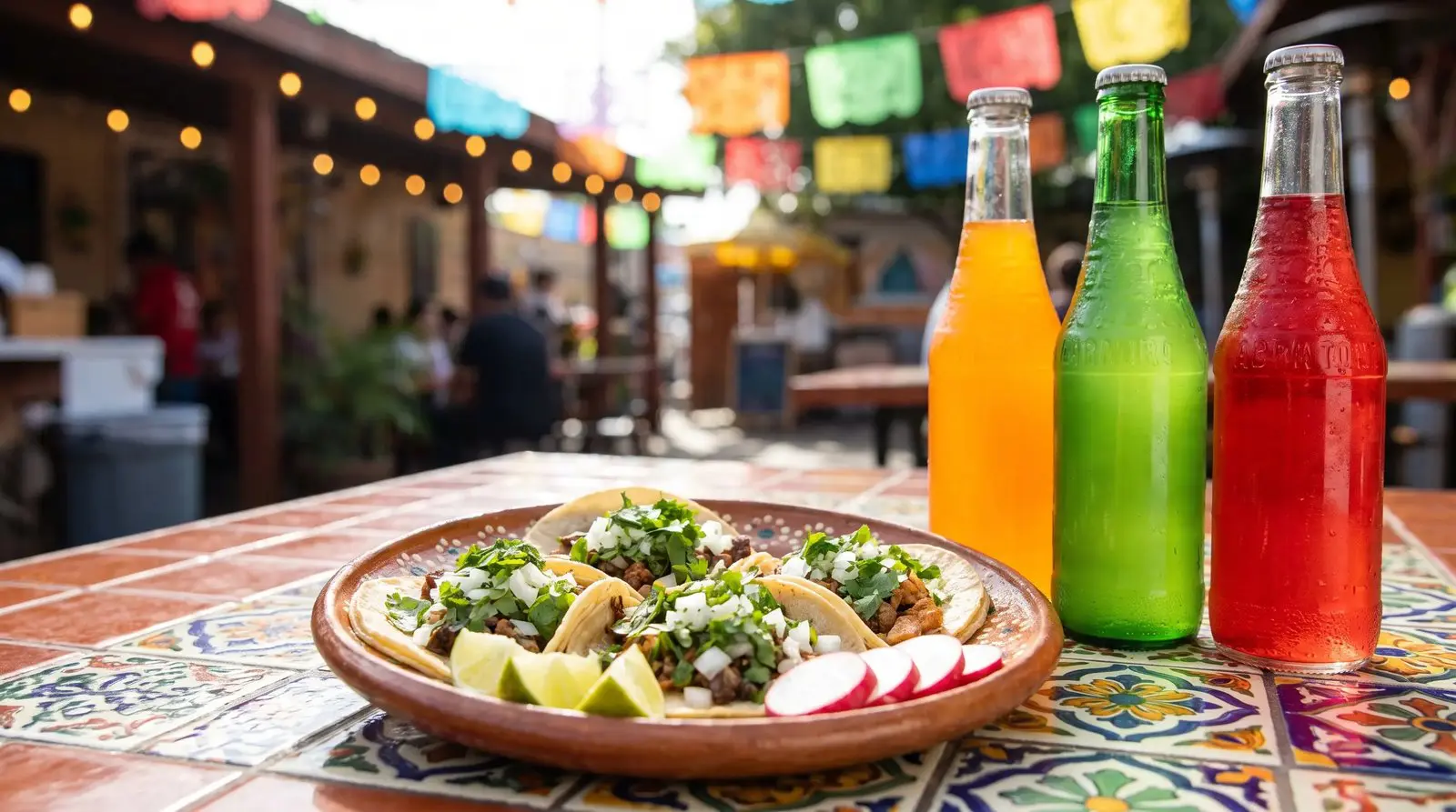 Glass bottle sodas next to a plate of street tacos at a Los Angeles taqueria