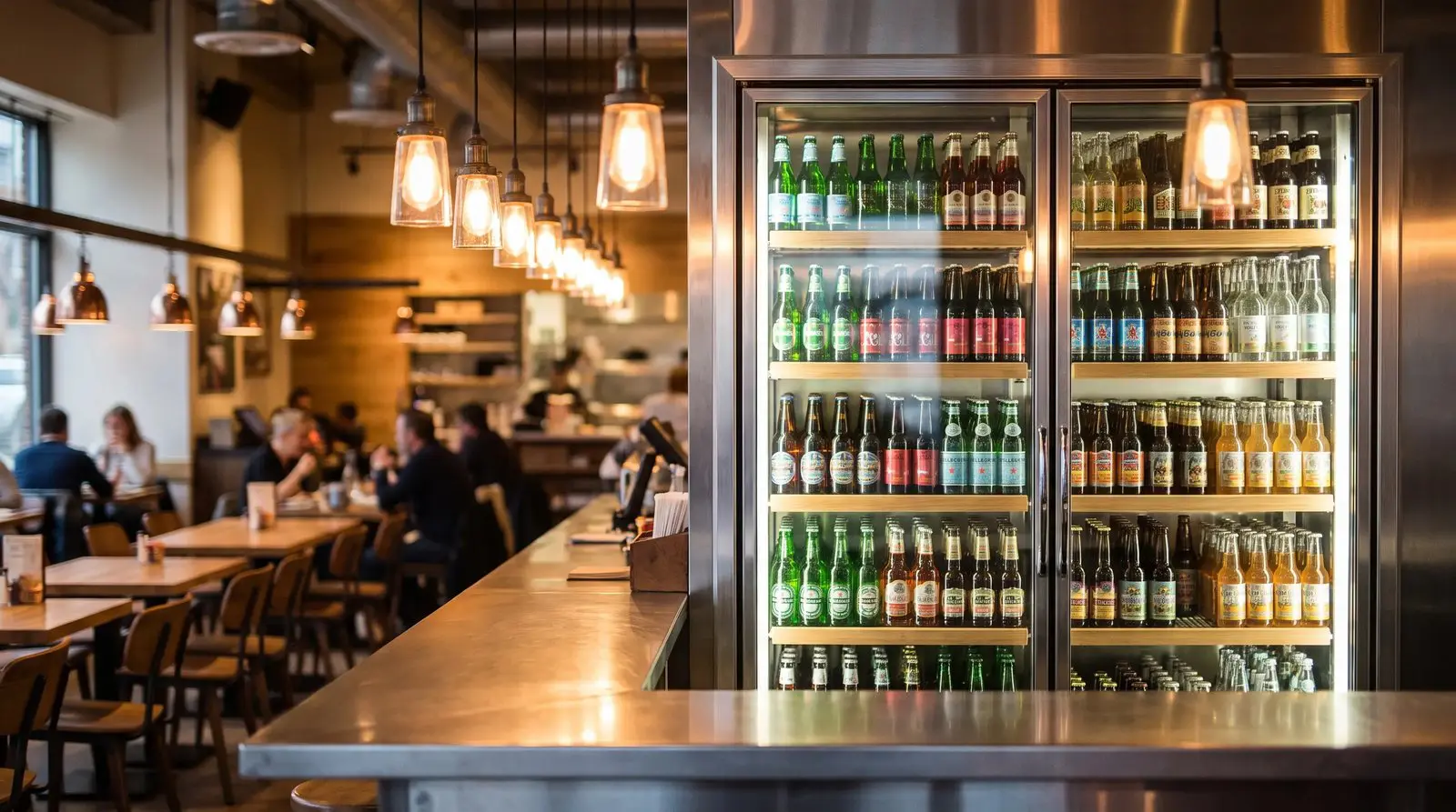 Restaurant beverage cooler stocked with rows of canned and bottled drinks behind the counter
