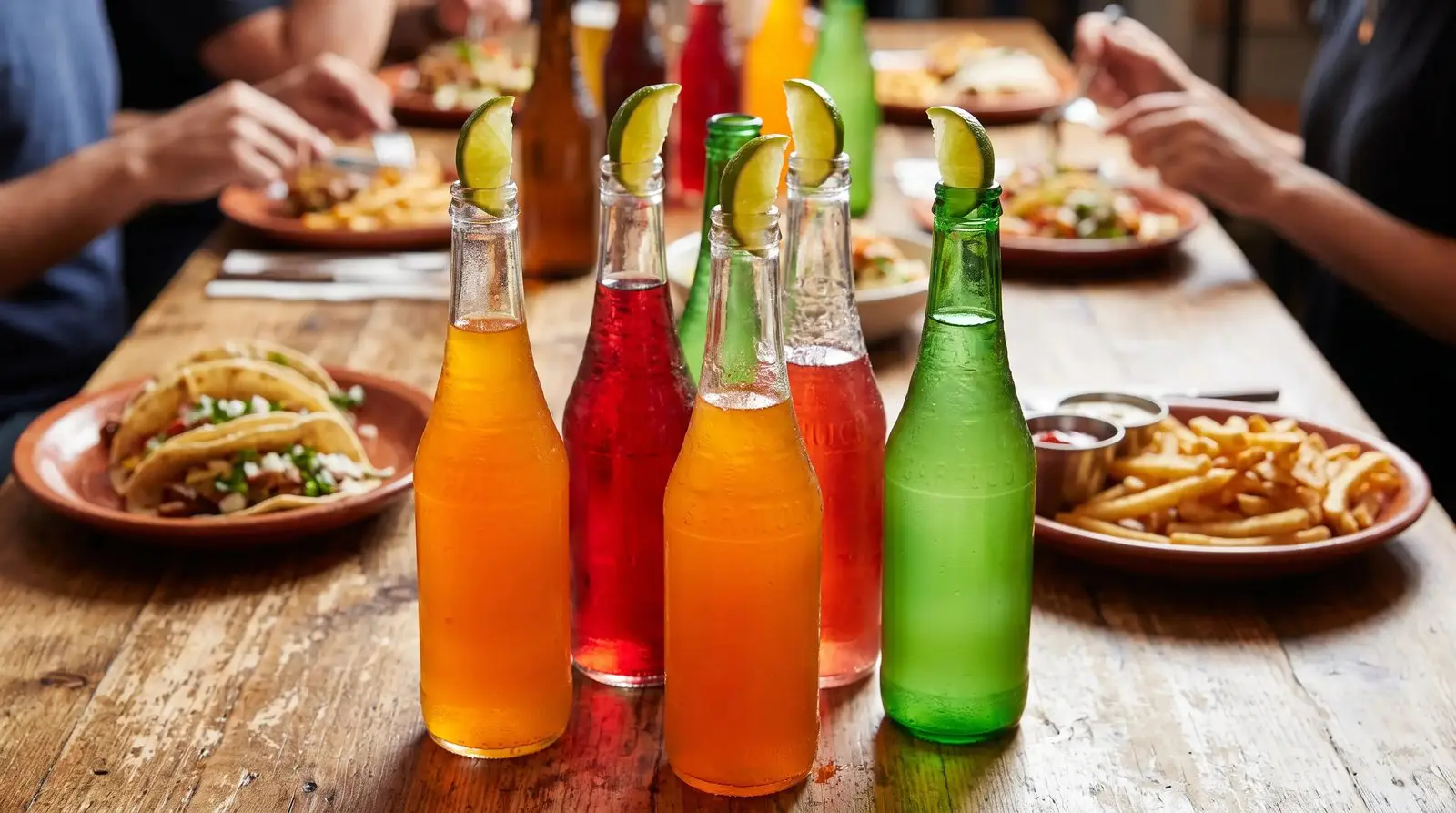 Colorful glass bottle sodas served cold with lime on a restaurant table