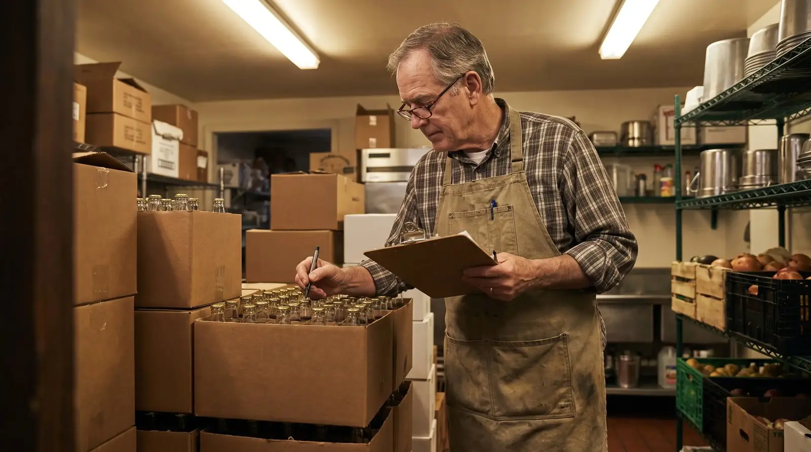 Restaurant owner checking a delivered wholesale beverage order against an invoice in the storage room