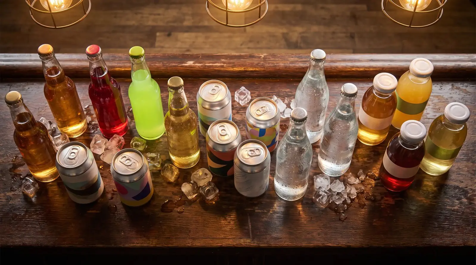 Diverse restaurant beverage lineup of glass bottle sodas, cans, sparkling waters, and bottled teas on a bar counter