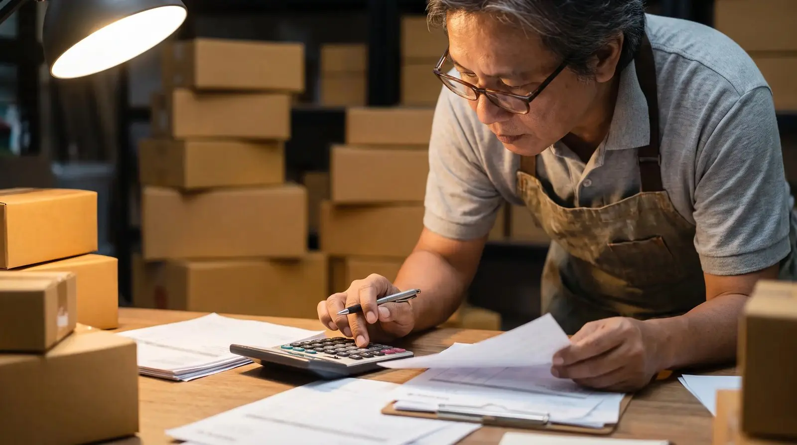 Store owner reviewing wholesale beverage invoices with a calculator in a back office