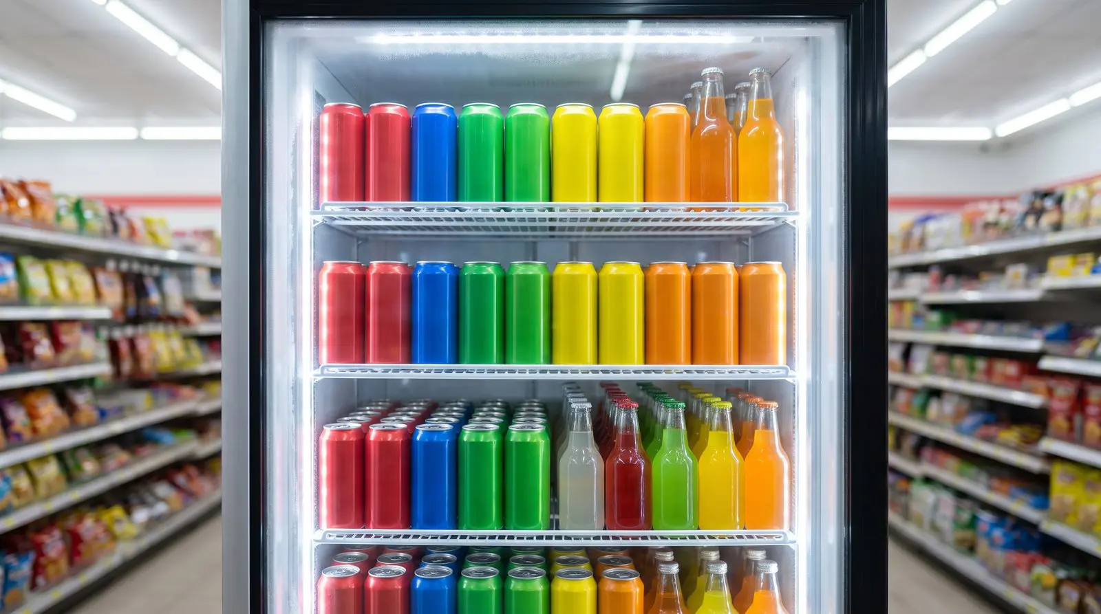 Fully faced rows of colorful cold drinks in a single glass door beverage cooler at a convenience store