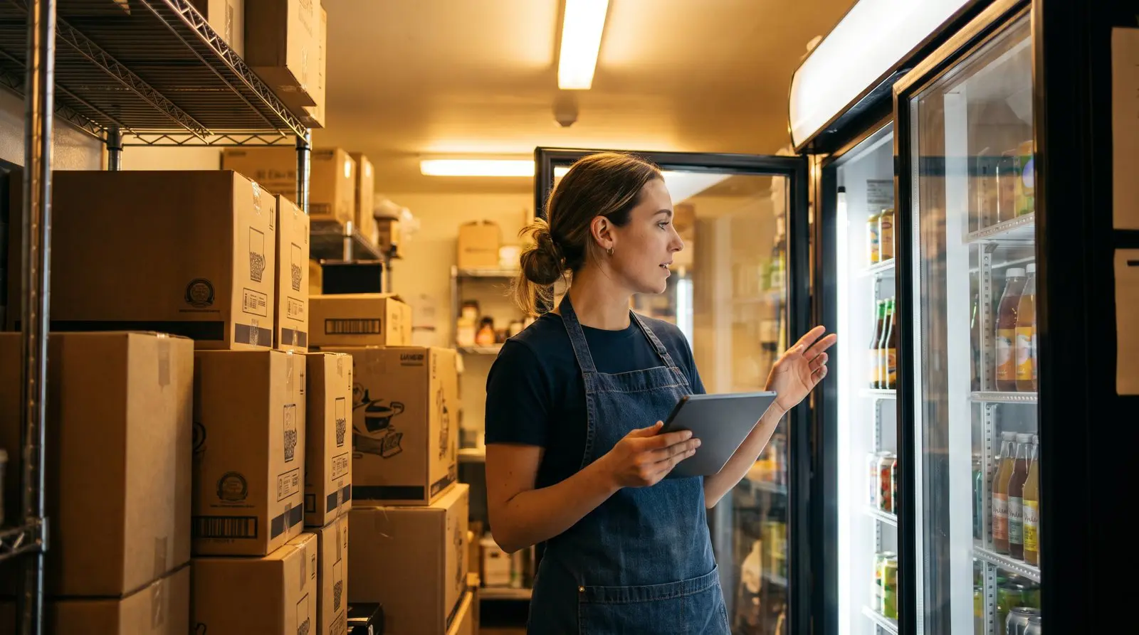 Store owner checking beverage inventory levels on a tablet beside stacked wholesale cases