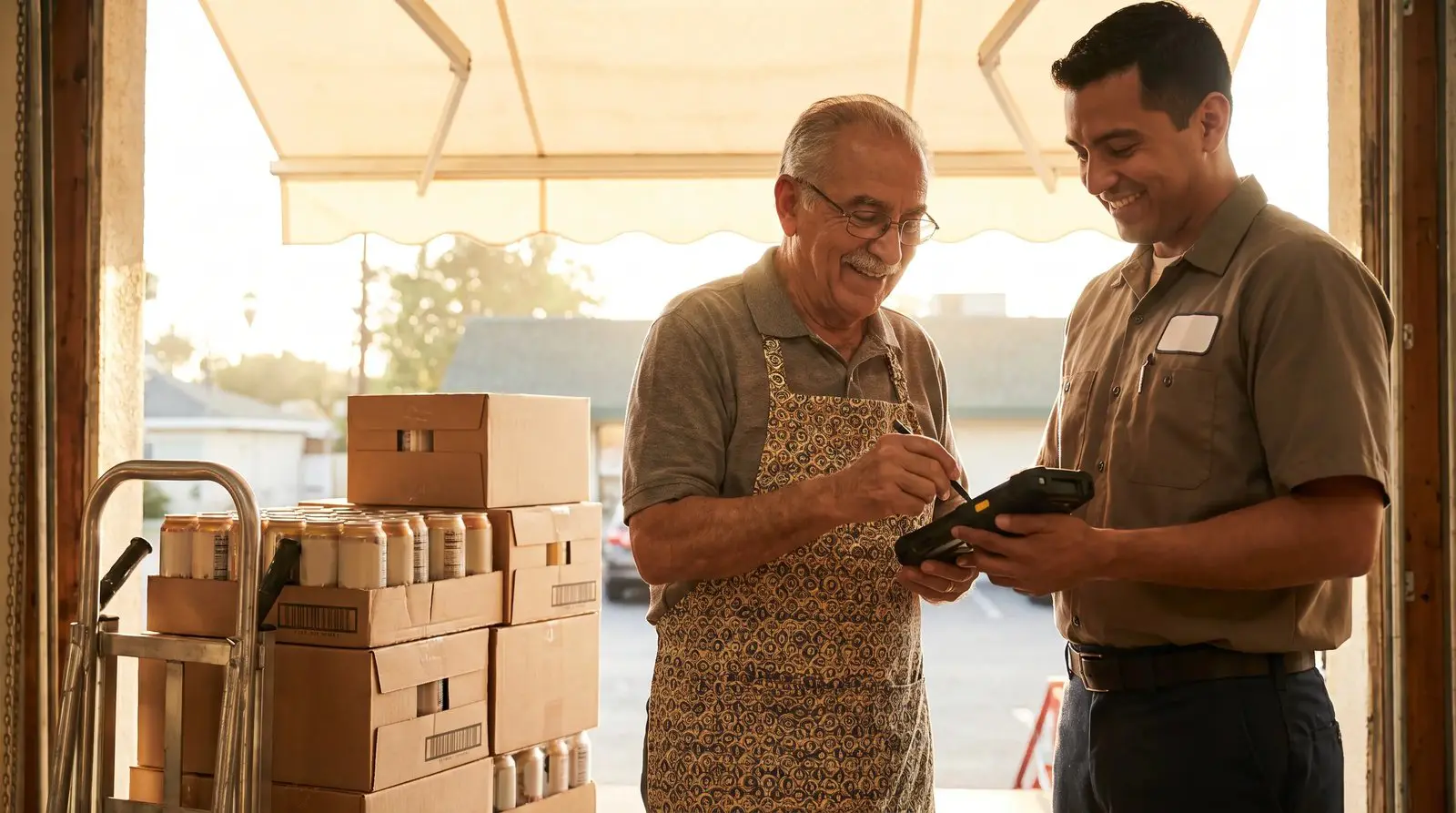 Store owner receiving and signing for a wholesale beverage delivery at the back door of a market