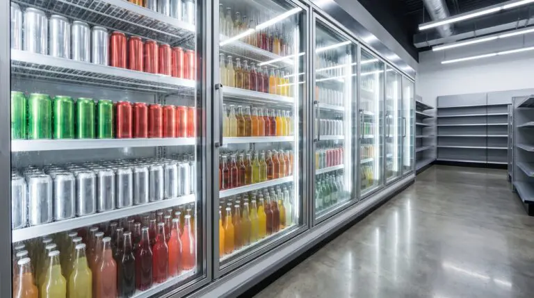 Fully stocked wholesale beverage cooler wall in a retail store