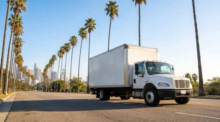 Wholesale beverage delivery truck driving down a palm lined Los Angeles boulevard with the downtown skyline behind