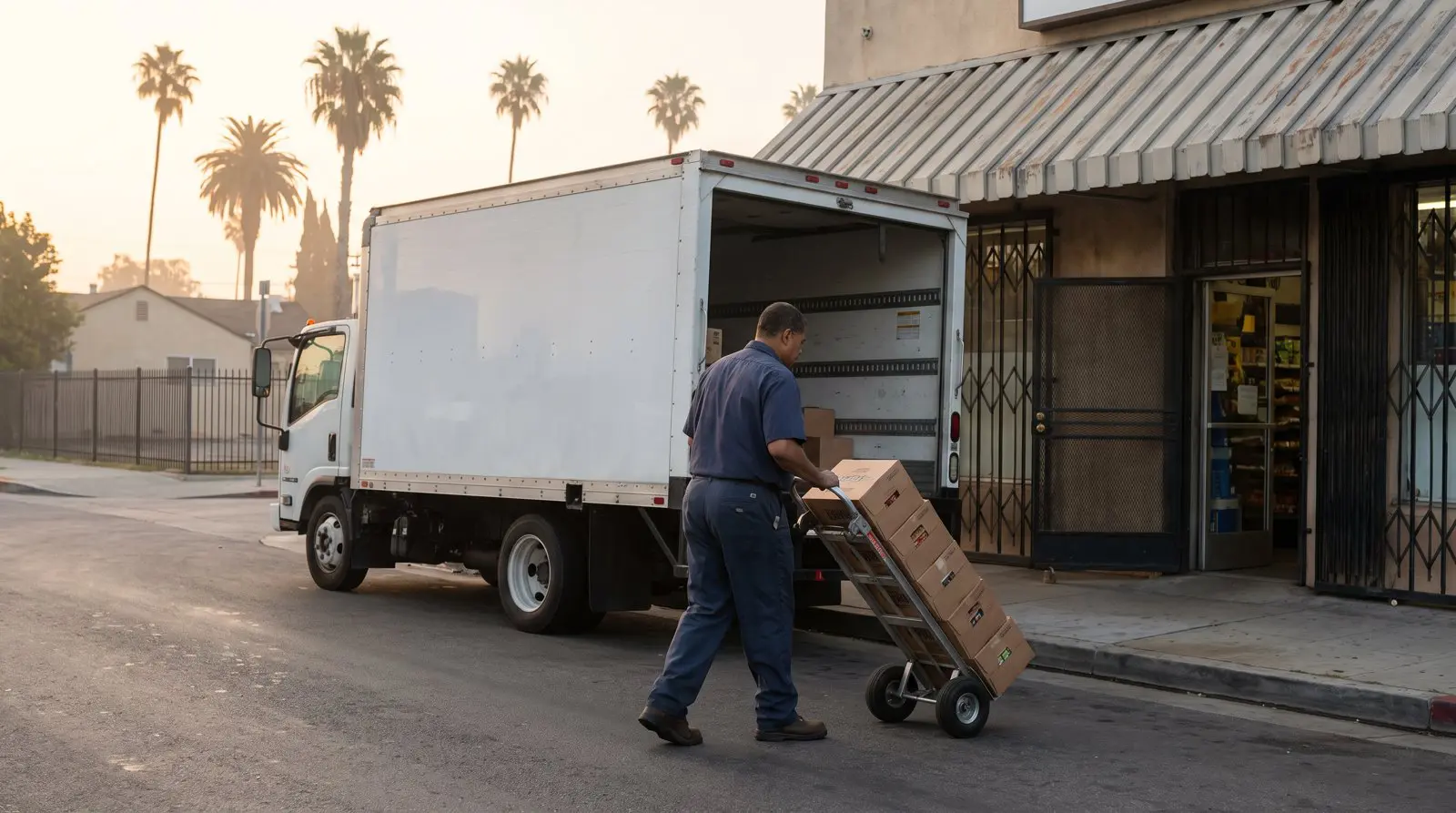 Delivery driver wheeling cases of wholesale beverages into a neighborhood market in Los Angeles
