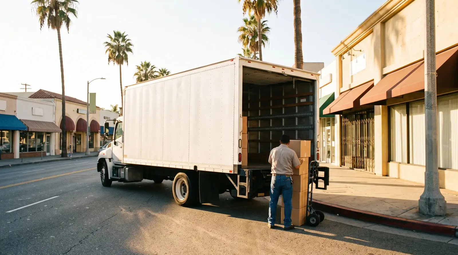 Delivery worker loading cases of wholesale soda and snacks onto a hand truck from a box truck in Los Angeles