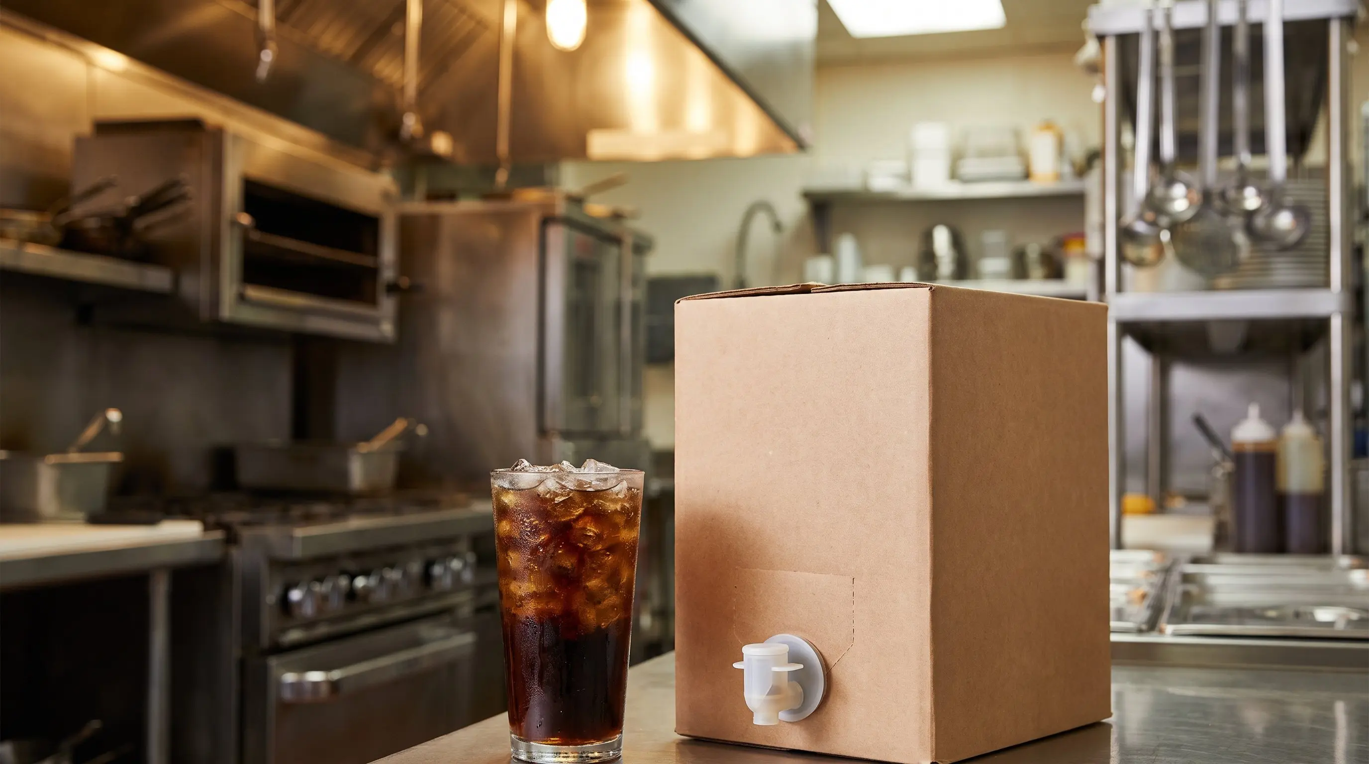 Bag in box syrup carton on a stainless fountain counter beside a glass of cola on ice
