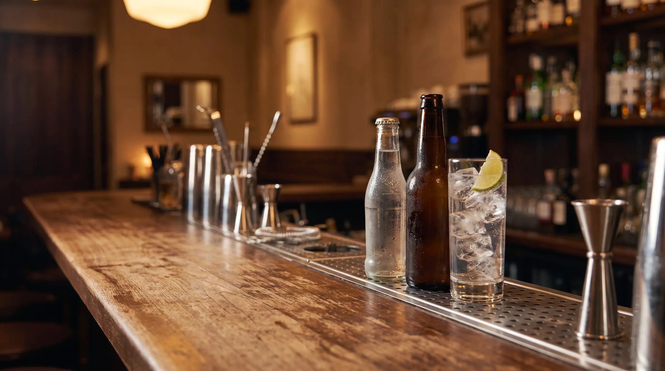 Glass bottles of tonic and ginger beer beside a highball with lime on a wooden bar