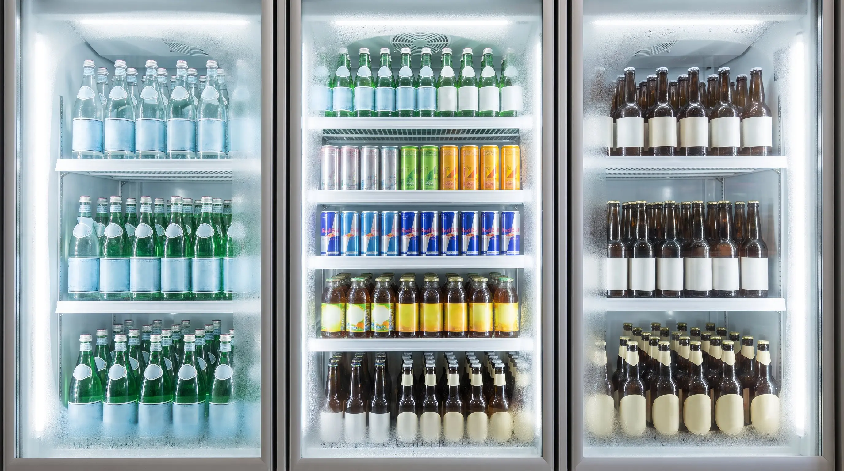 Beverage cooler with shelves of sparkling water, energy drinks, bottled tea and non alcoholic beer