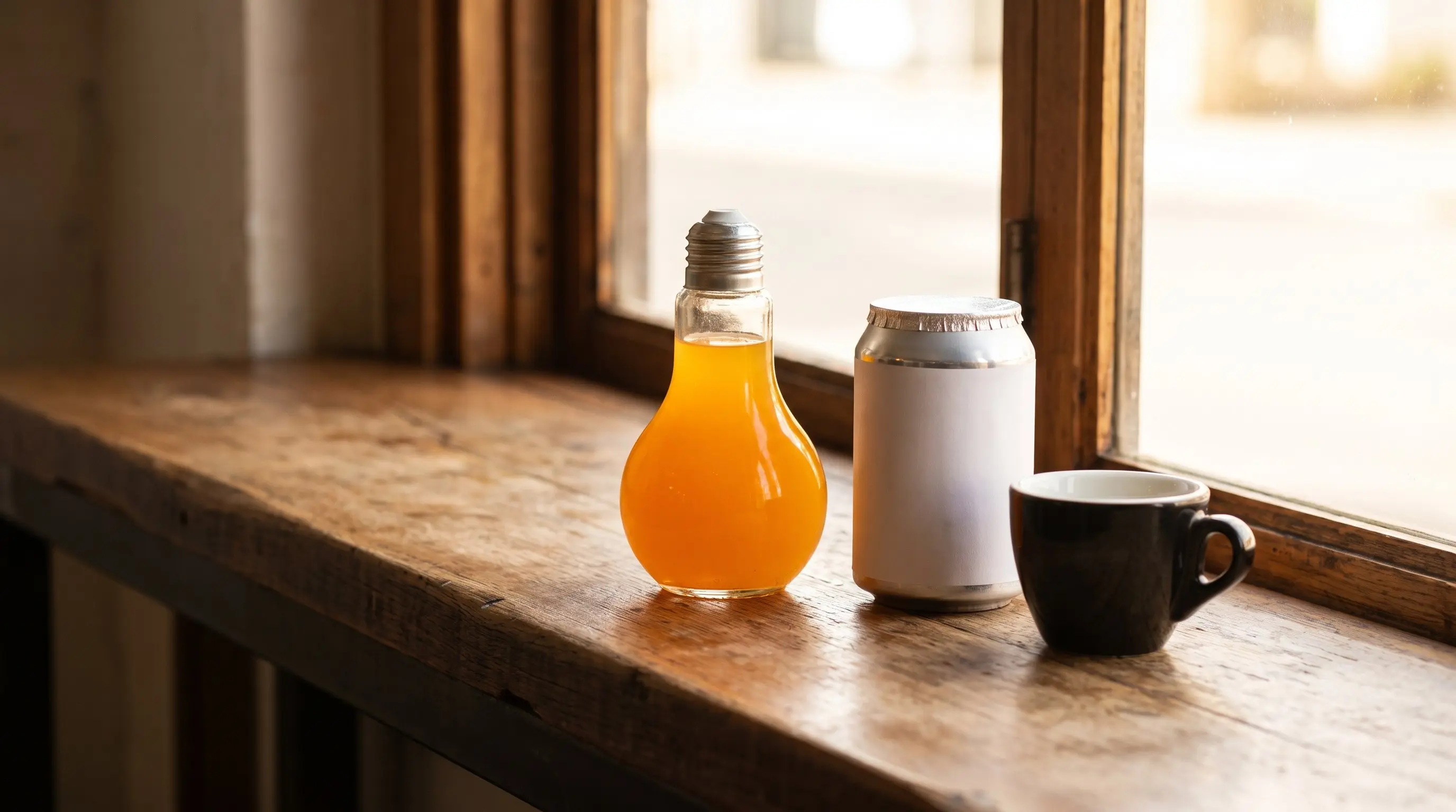 Bulb shaped orange soda bottle and a can of Italian sparkling lemon on a cafe counter