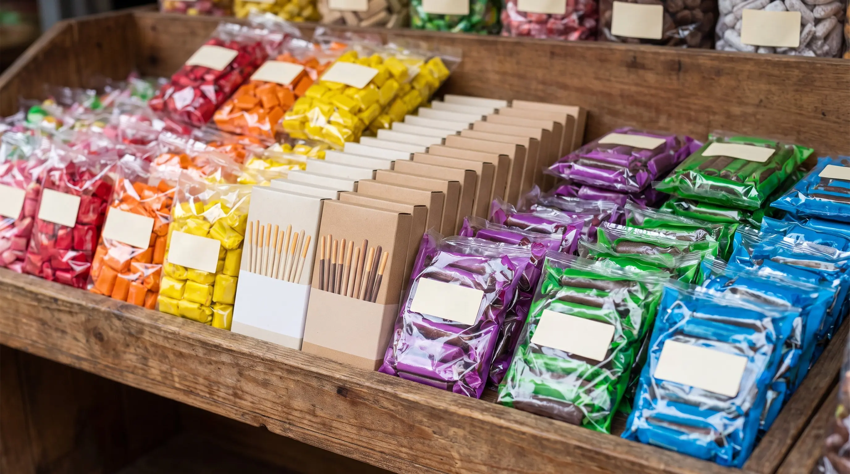 Candy shelf with fruit chews, biscuit sticks and tamarind candies in bright wrappers
