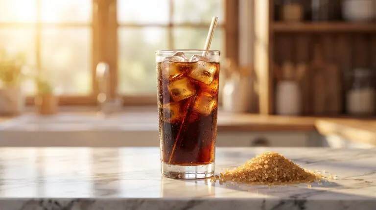Glass of cola on ice beside a pile of cane sugar crystals on a marble counter