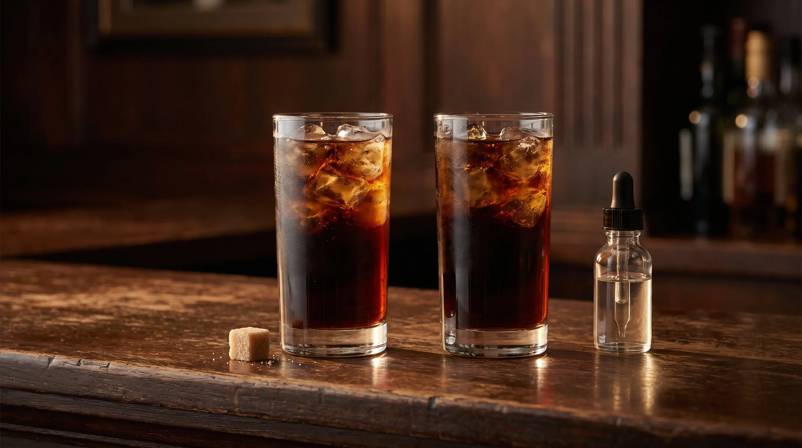 Two glasses of cola side by side, one with a sugar cube and one with a dropper of syrup
