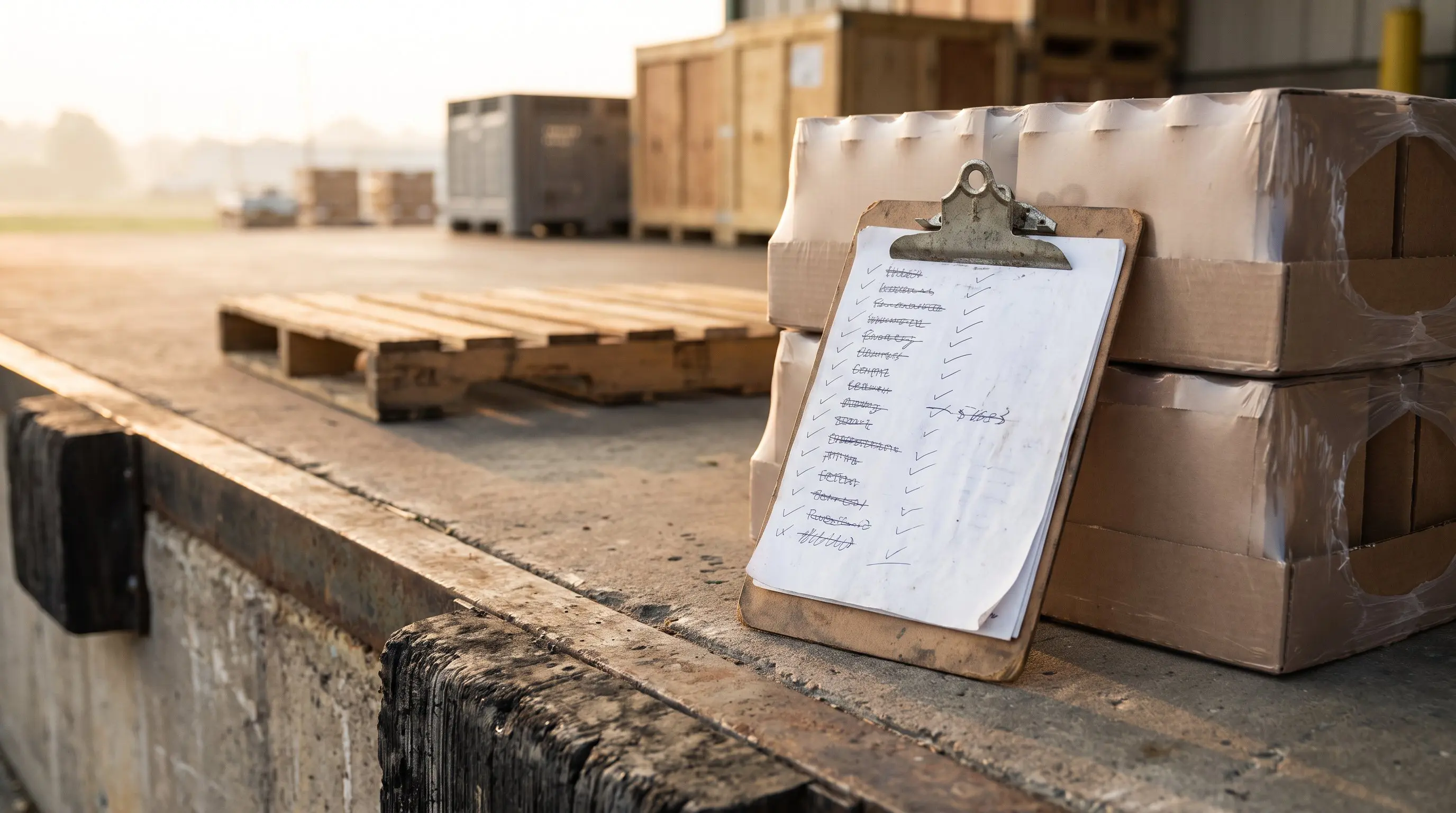 Clipboard with a drink count beside stacked beverage cases on a loading dock