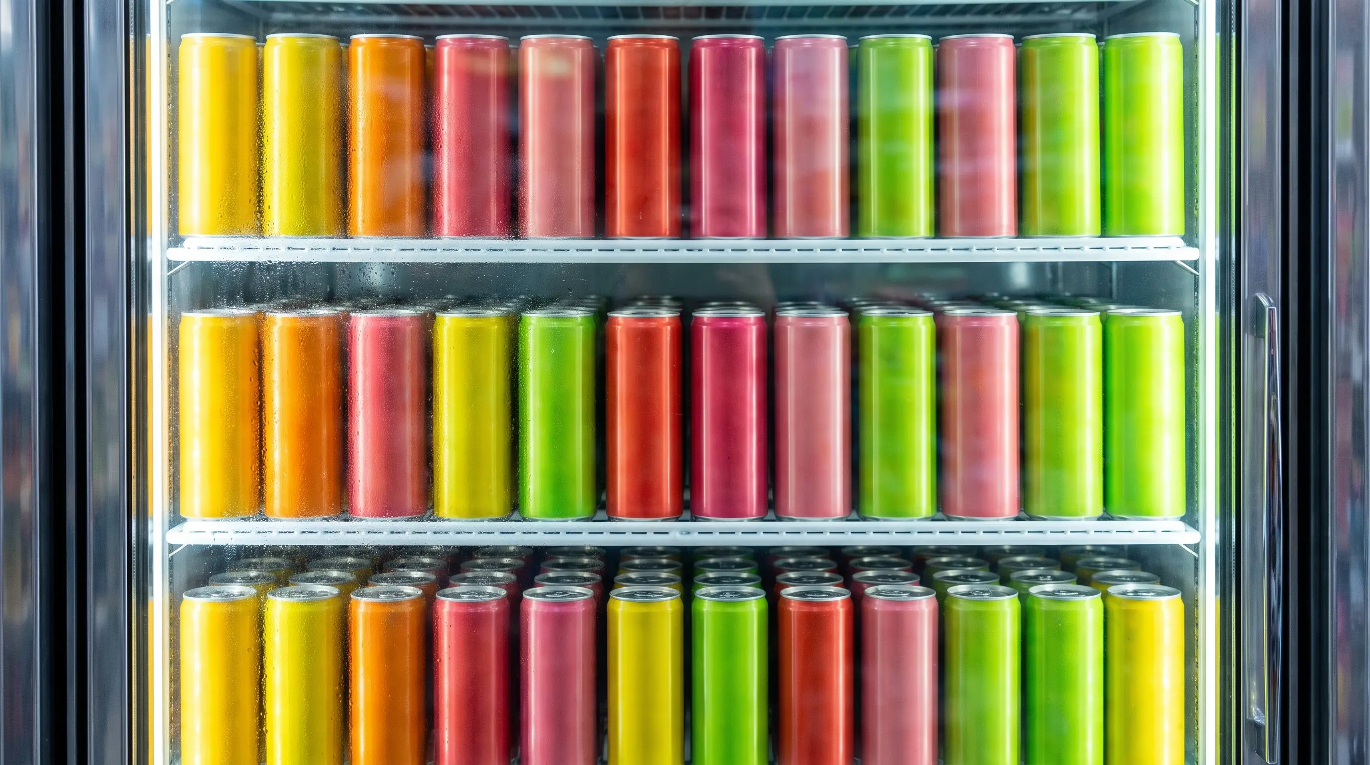 Cooler door of slim energy drink cans in bright fruit colors
