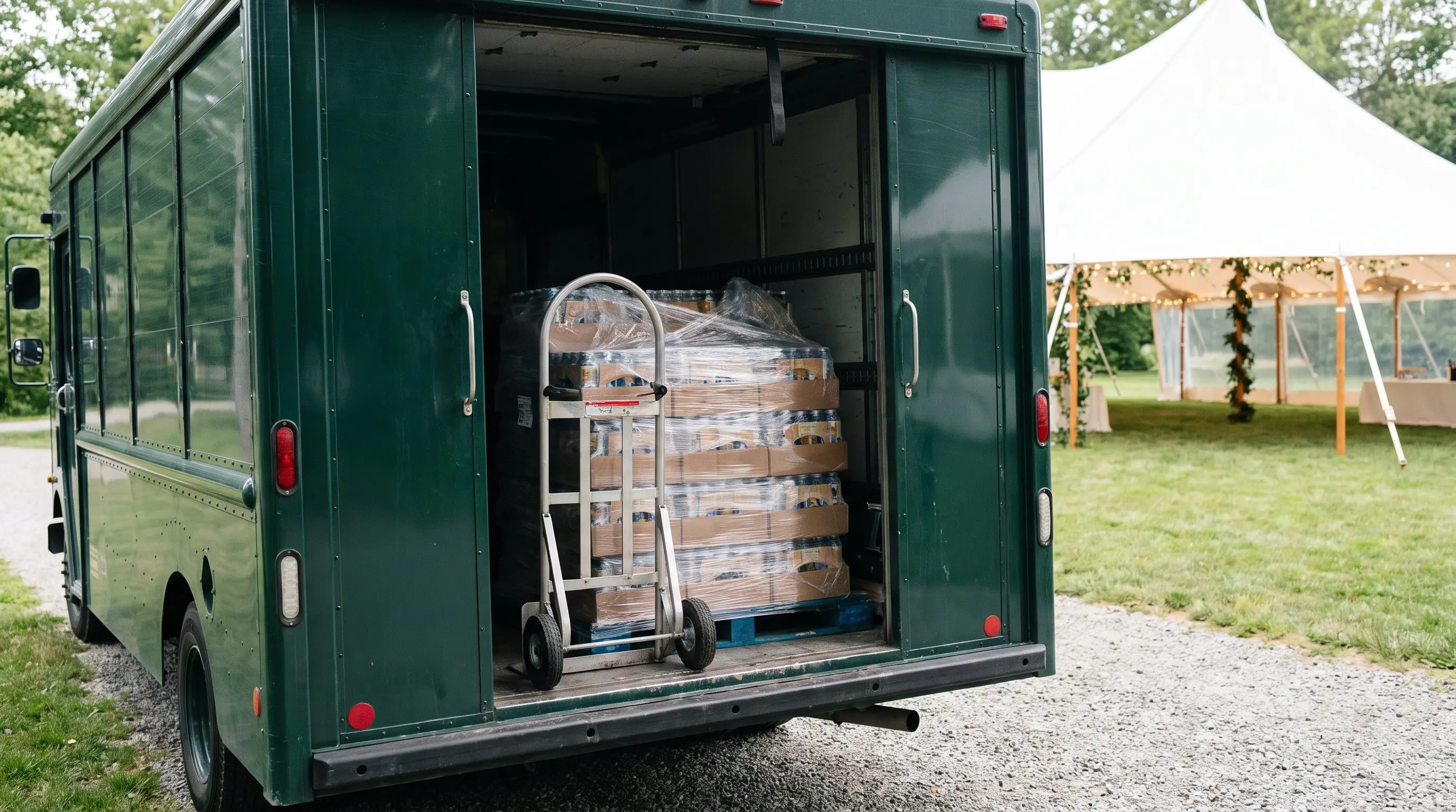 Stacked beverage cases on a hand truck at the back of a delivery truck outside an event tent
